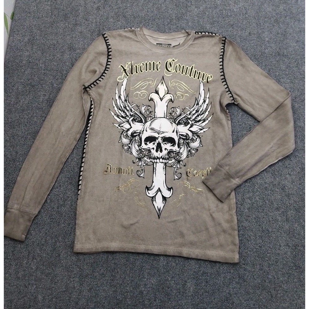 Xtreme Couture Raw State Shirt S  Brown Cross Skull Gothic Long Sleeve‎ Thermal